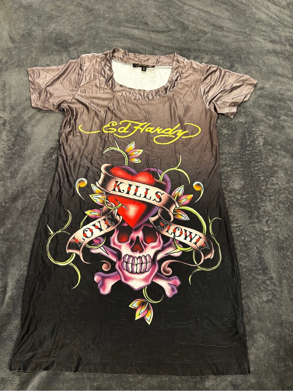 Ed Hardy Black/Gray Graphic Print Skull Heart Rhinestone Women's T-Shirt Dress S